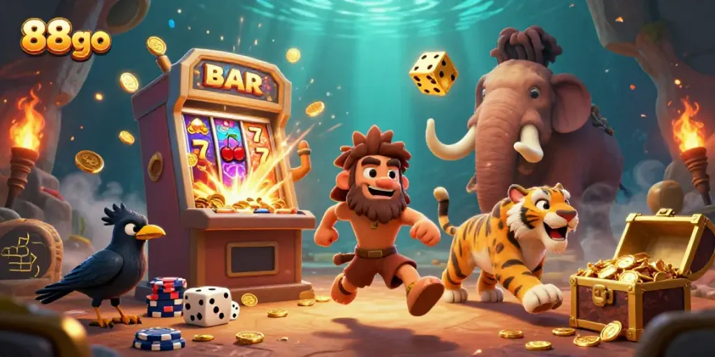 Join the excitement at 88go with a playful caveman, tiger duo, and crow beside a vibrant casino scene!