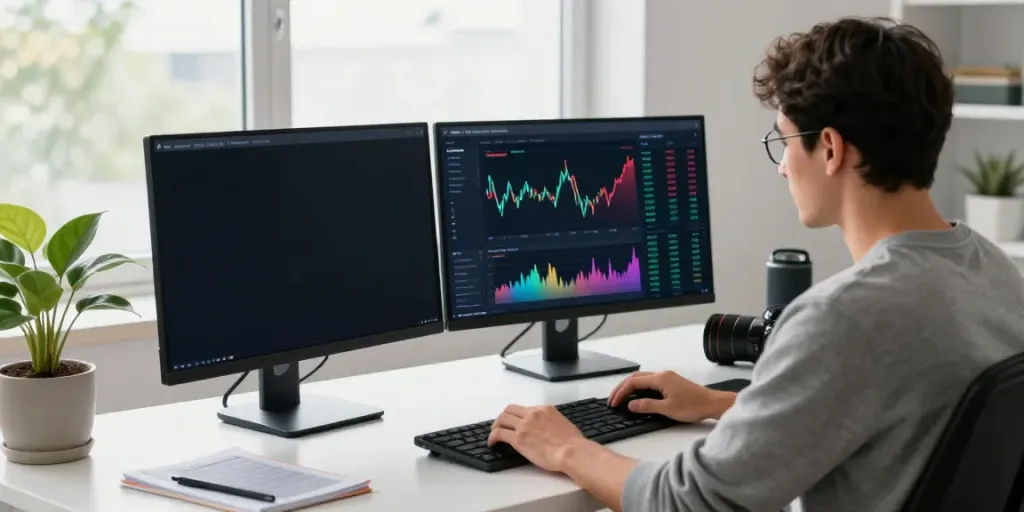 Engaged user trading on Internet Money wallet interface with dual screens in a bright workspace.