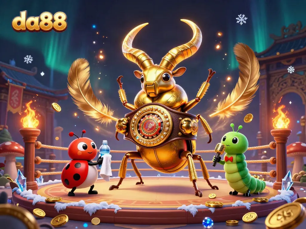 Experience thrill at da88 as a golden stag beetle champions the fighting arena, showcasing vivid casino elements.
