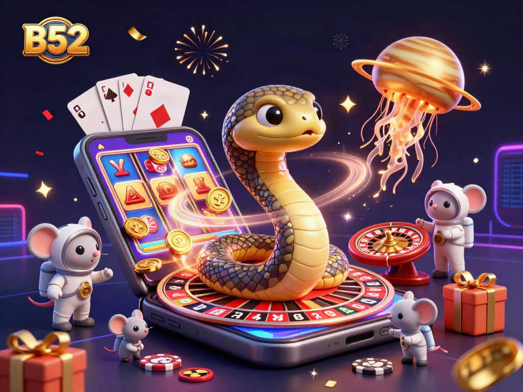 B52 brings excitement as astronaut mice place bets on a cosmic roulette wheel surrounded by vibrant casino elements.