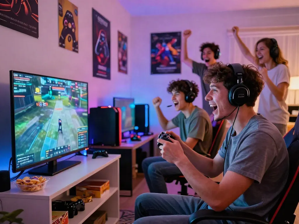 Friends enjoying competitive online games in a vibrant gaming setup at home, highlighting the kilat404 gaming experience.