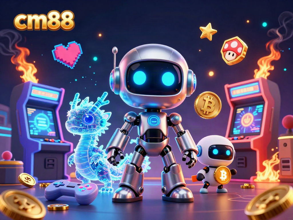 cm88 showcases a vibrant cyberpunk casino scene with neon robots, bitcoins, and arcade elements.