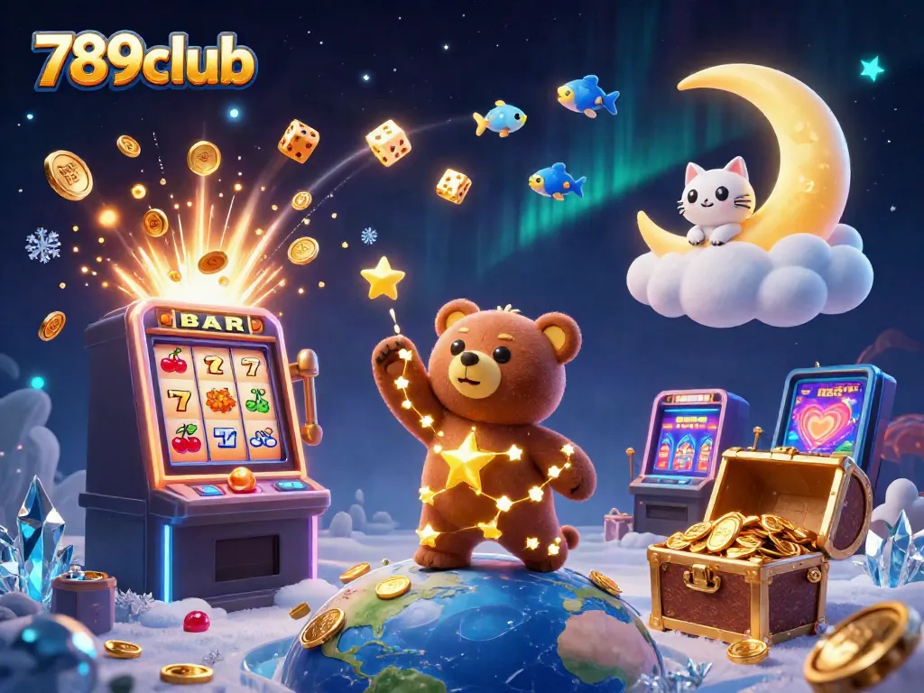 Experience the excitement of 789club with a dynamic scene depicting casino fun and golden treasures.