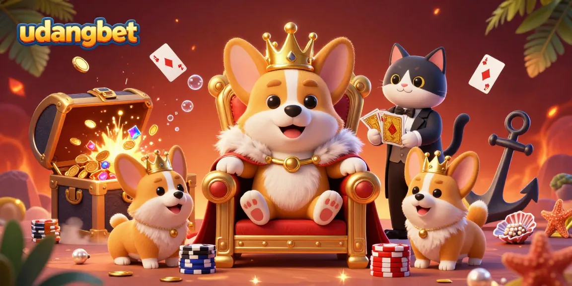 Experience exciting bets with udangbet featuring royal corgi surrounded by treasure and playing cards.
