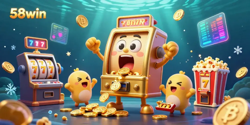 Experience the thrill of 58win with a joyful golden slot machine celebrating its jackpot among cheering companions.