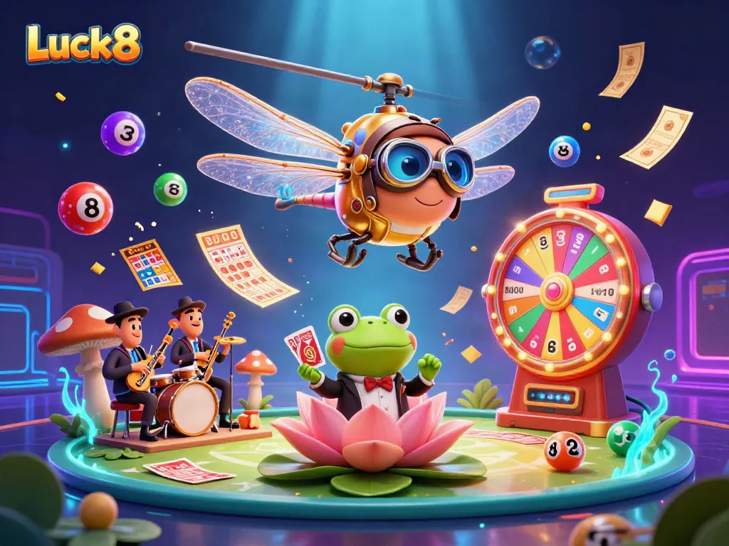 Luck8 casino scene featuring a cartoon dragonfly pilot and a frog dealer amid vibrant gaming elements.