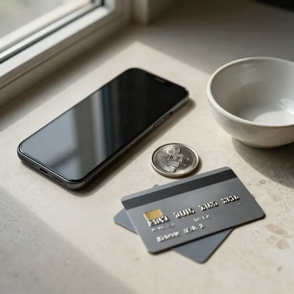 Z góry: token bankowy, ciemny smartfon, karta debetowa i mała miska ceramiczna na jasnym tynku.