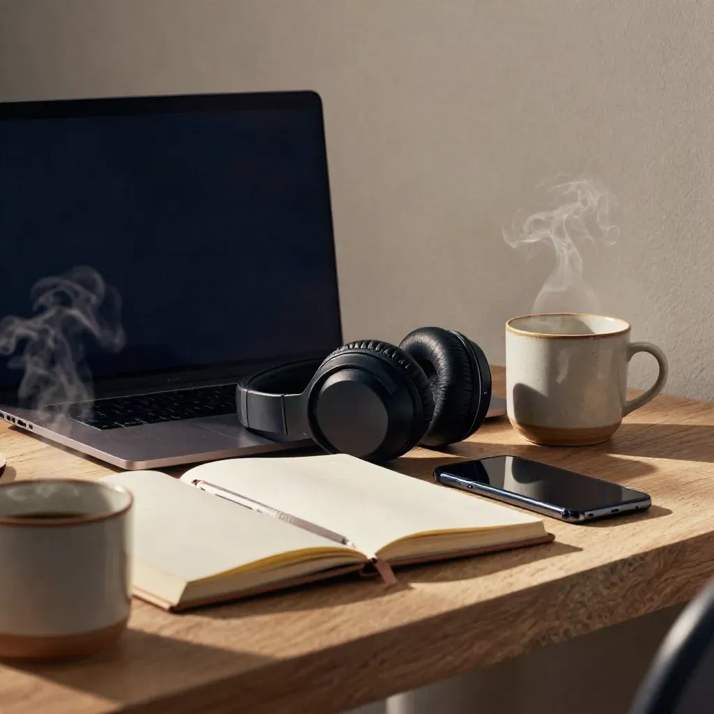 Zamknięty laptop, słuchawki, notes, kubek i telefon na biurku w świetle popołudnia.