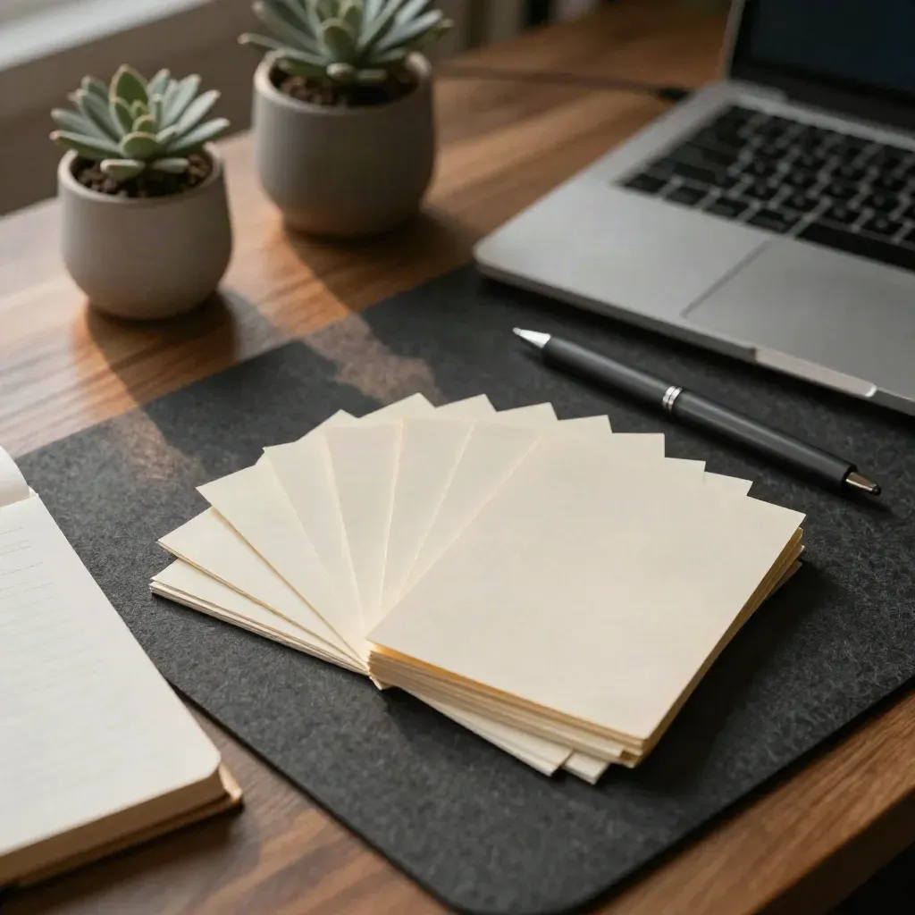 Kartki notatek, notes, laptop i roślina na ciepłym drewnianym biurku w wieczornym świetle.