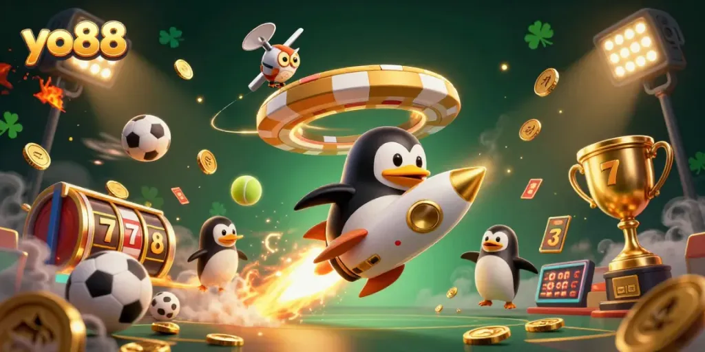 Engage with yo88's exciting slot experience, featuring a golden penguin amidst dynamic casino elements.