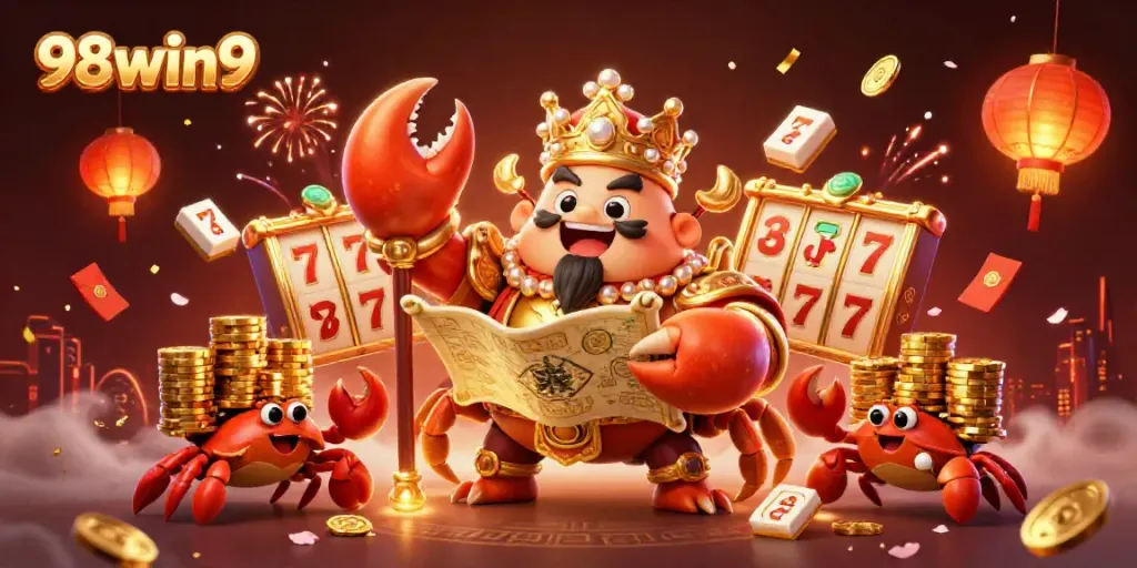 Experience the excitement of 98win9 with a golden crab emperor and vibrant casino elements surrounding it.
