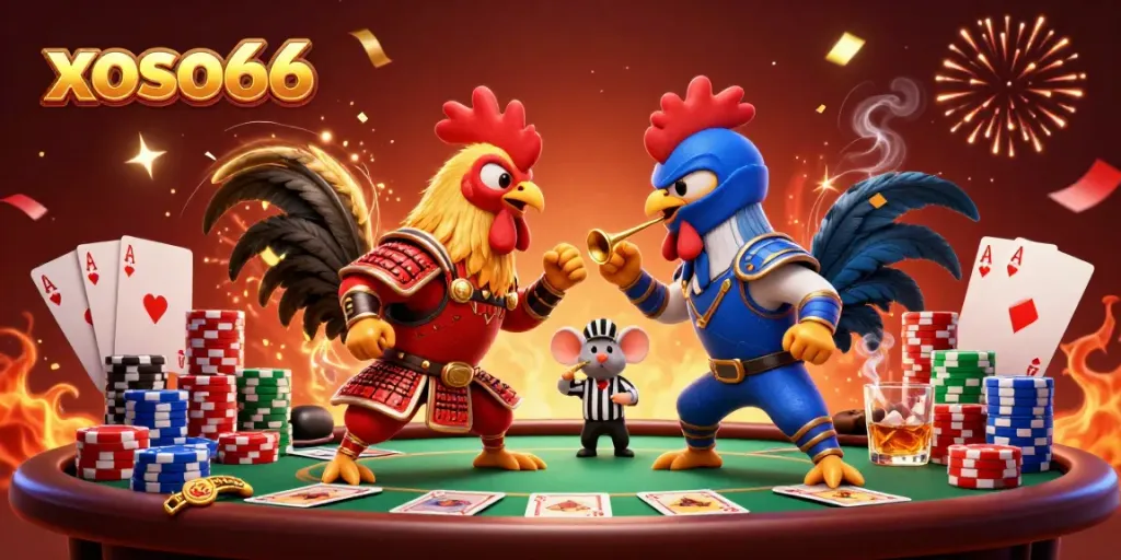 Engage with thrilling action at xoso66 with dynamic moments featuring fighting roosters and poker elements.