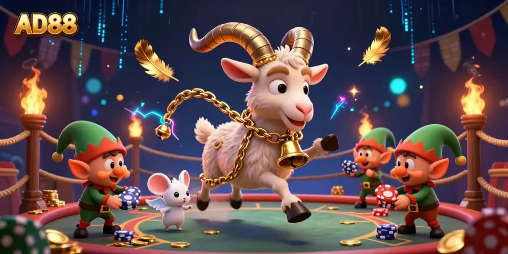 Experience the festive chaos at AD88 Casino with Krampus, angel mouse, and elf gremlins amidst swirling tokens and fire effects.