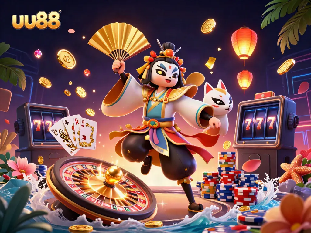 Experience the thrill of uu88 with a 3D kabuki warrior and stunning casino elements.
