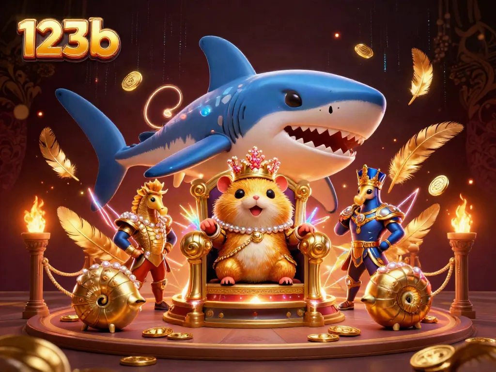 Engage with 123 b in a vibrant, royal-themed 3D casino scene filled with exciting gambling elements.