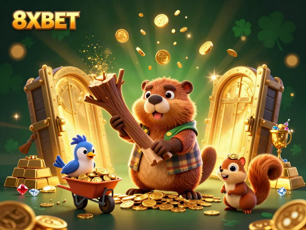Experience winning moments with 8XBET as animated characters gather gold coins in an entrancing casino setting.