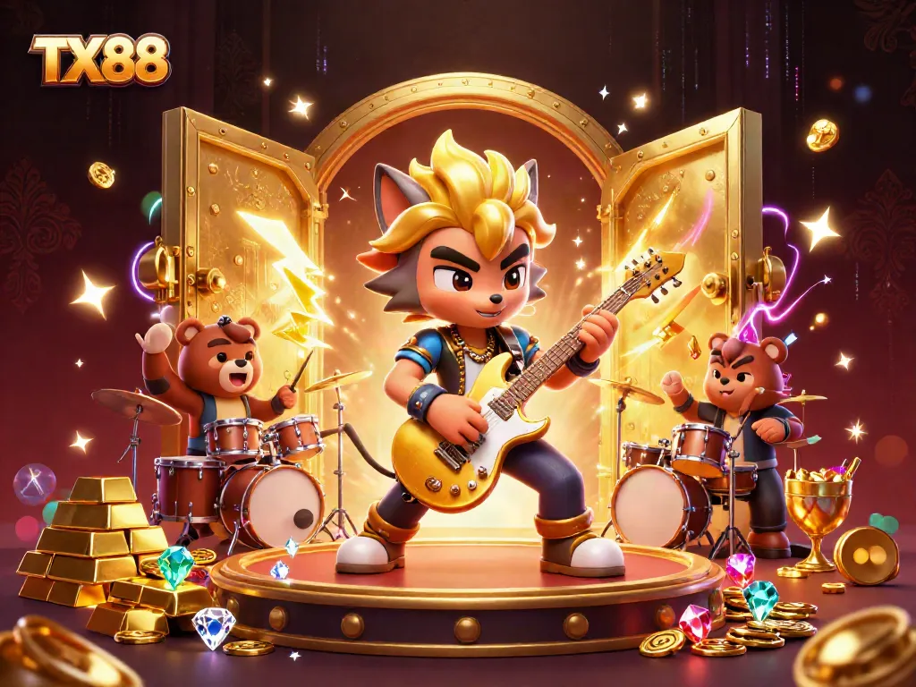 TX88 gathers excitement in a vibrant casino scene with rock star wolf and dynamic elements