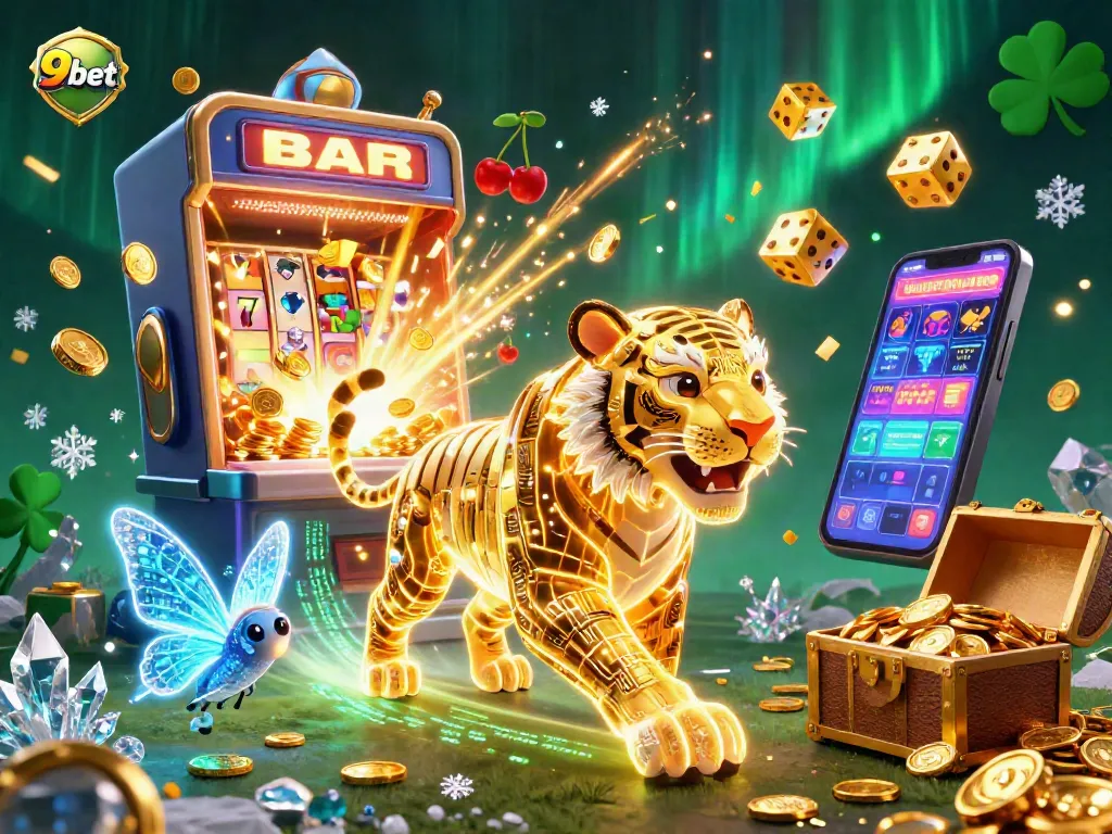 Experience thrilling wins with 9bet in an ultra-detailed 3D casino scene filled with dynamic game elements.
