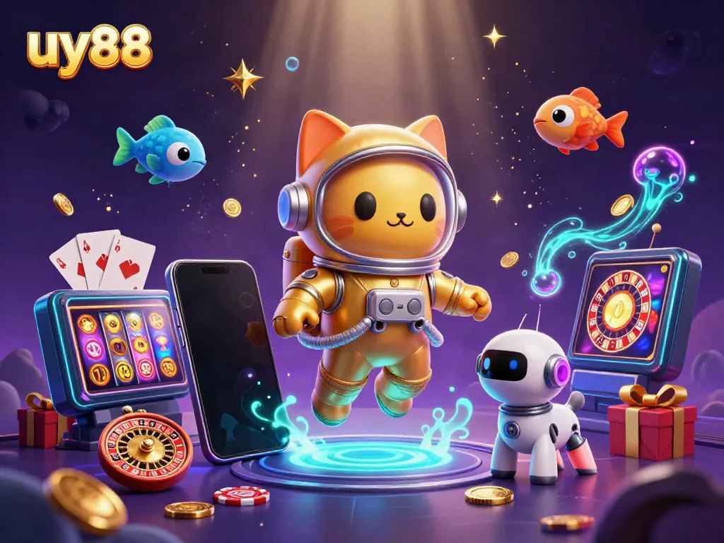 Experience uy88 with interactive games in a vibrant and glowing 3D casino universe.