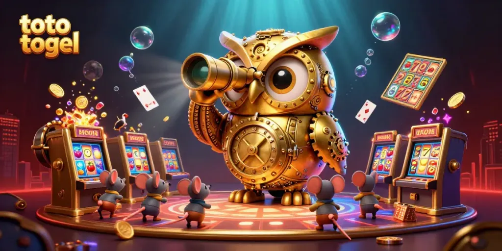 Toto togel enthusiasts enjoy thrilling gameplay amidst golden owls and colorful casino treasures.