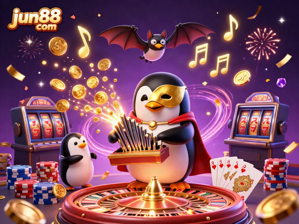 Experience the thrill of jun88 com with a vibrant casino illustration featuring a penguin playing a golden organ amidst flying coins.