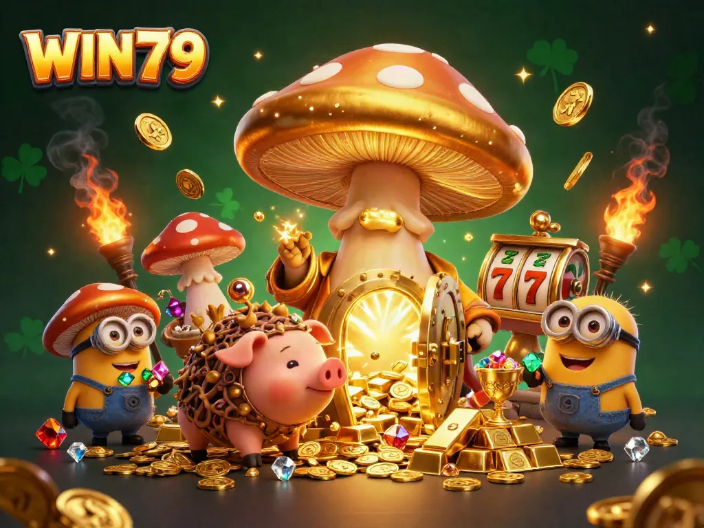 Engage with WIN79's vibrant slot gaming magic in a dynamic 3D illustration.