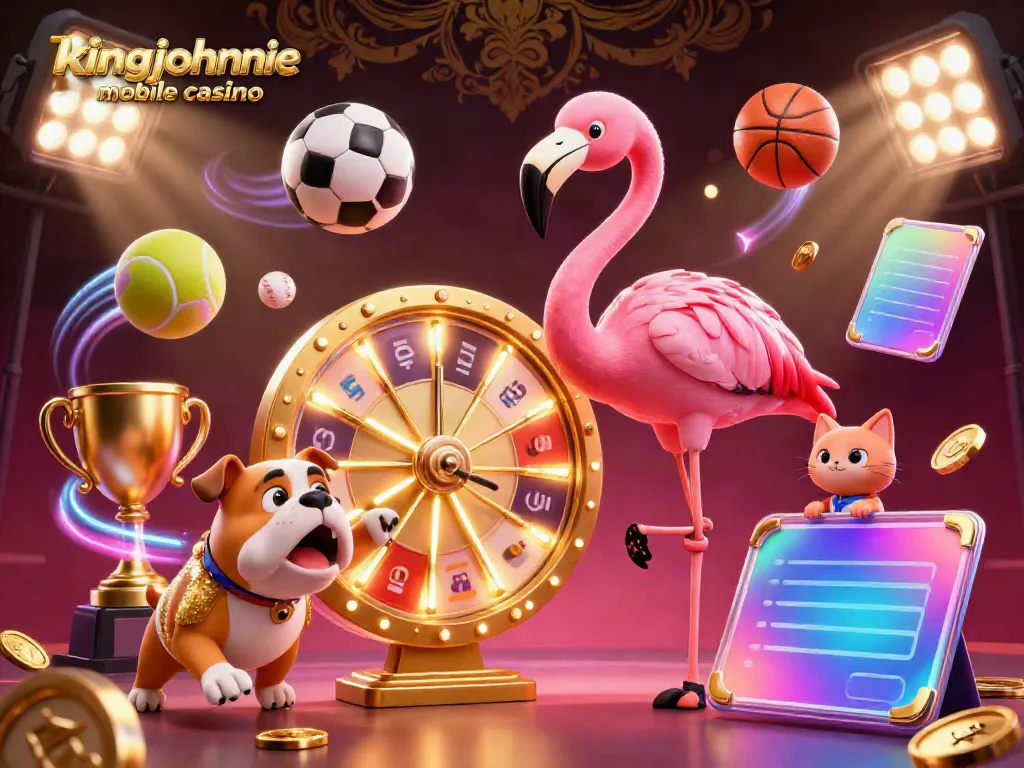 Engage with the kingjohnnie mobile casino as a game show host flamingo spins a golden wheel, featuring a bulldog contestant.