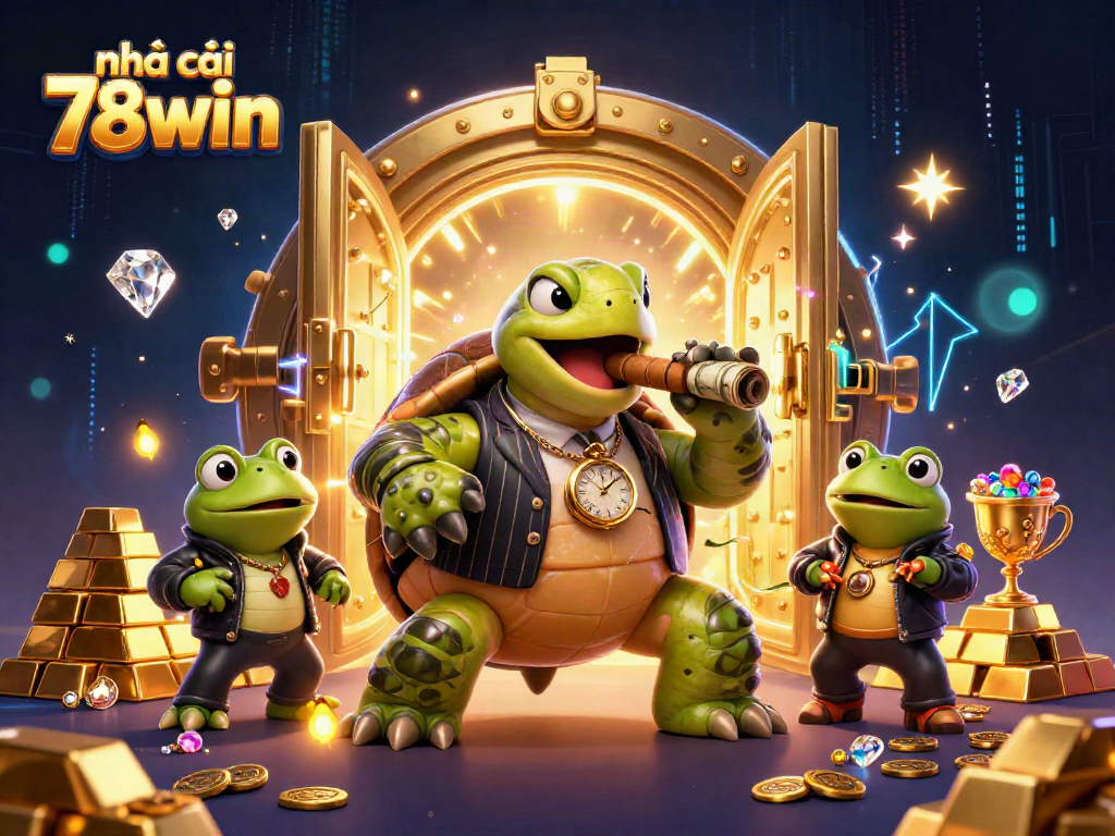 Engaging scene featuring nhà cái 78win with cartoon turtle and bullfrogs in a vibrant casino