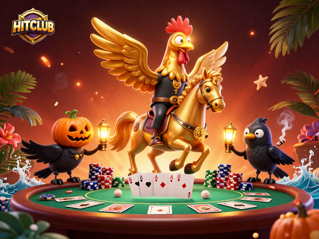 Play with HITCLUB's golden rooster and pumpkin-headed companions in a vibrant casino scene, full of poker excitement.