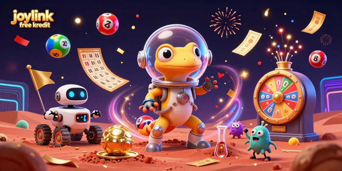 Join the joylink free kredit lottery celebration with vibrant colors and winning elements in this 3D illustration.