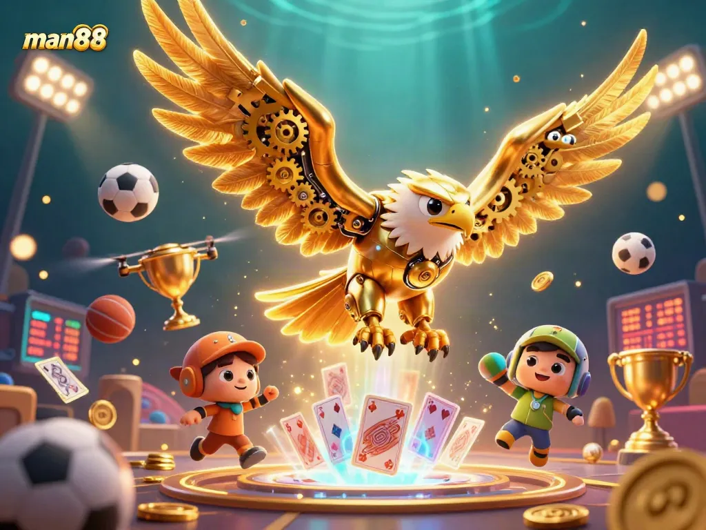 Win big with man88 as the cybernetic golden eagle soars through dynamic sports betting action.