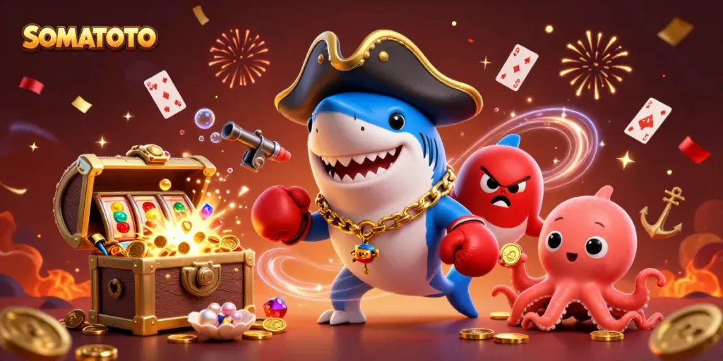 SOMATOTO showcases a lively casino scene with a pirate shark, pufferfish, and octopus amid dynamic gaming elements.