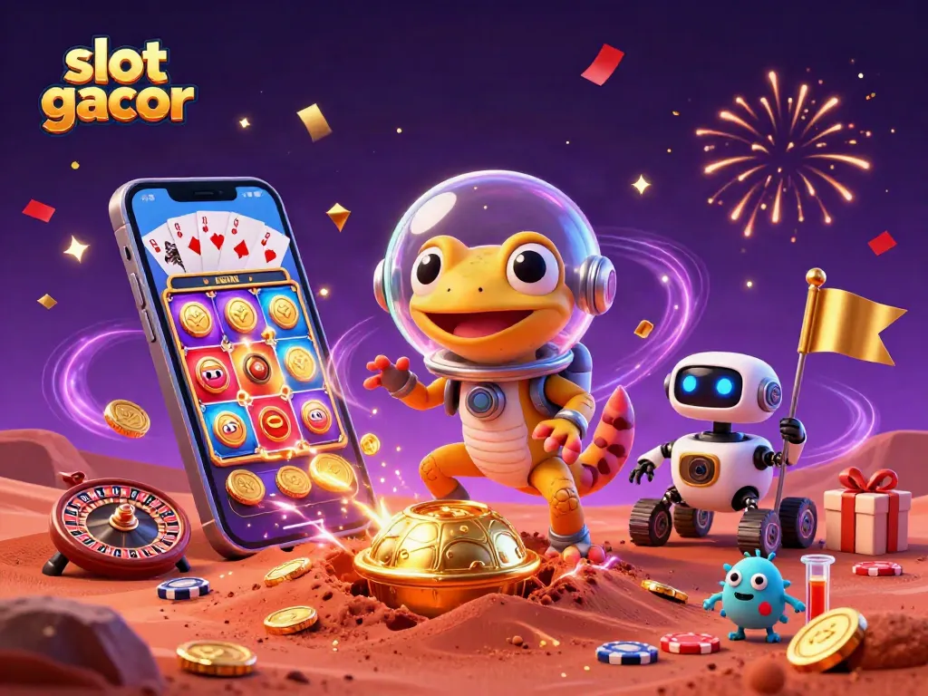 Engage with the excitement of slot gacor gaming as a Martian gecko explores a golden casino.
