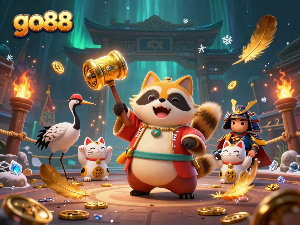 Experience the excitement of go88 with a cheerful tanuki and fortune cats among shimmering gold coins in this vibrant 3D casino illustration.