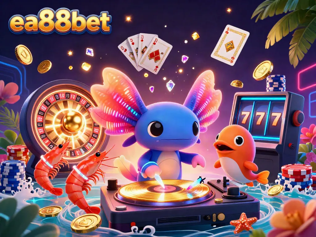 Experience the excitement of ea88bet with a lively 3D illustration of an axolotl DJ amidst vibrant casino elements.