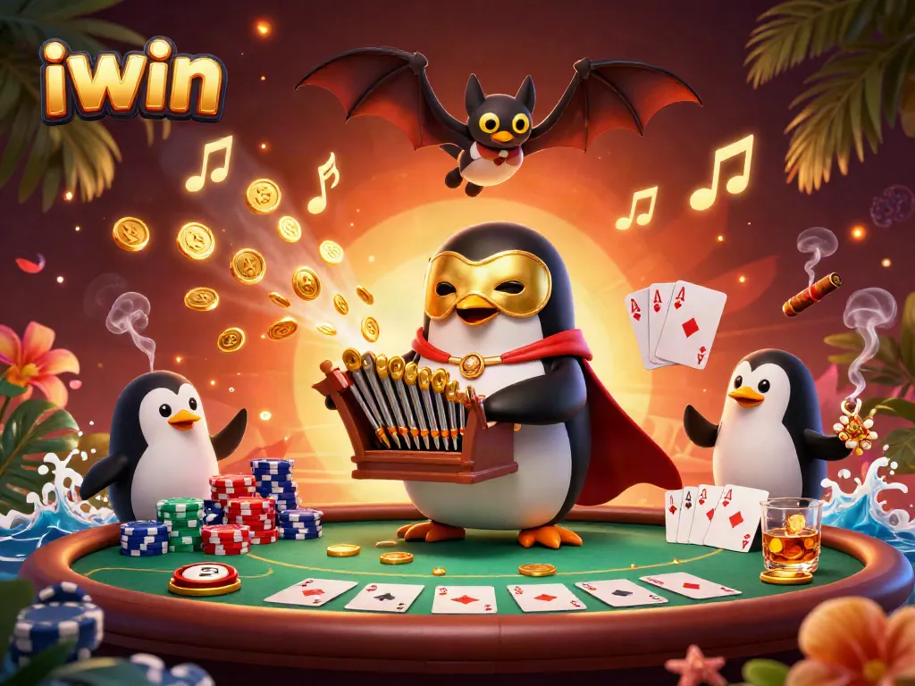 Watch the iwin penguin play exciting poker against a vibrant casino backdrop.