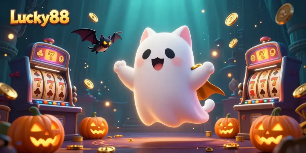 Experience the Lucky88 ghost cat's casino adventures with vibrant slot elements and glowing poker faces.