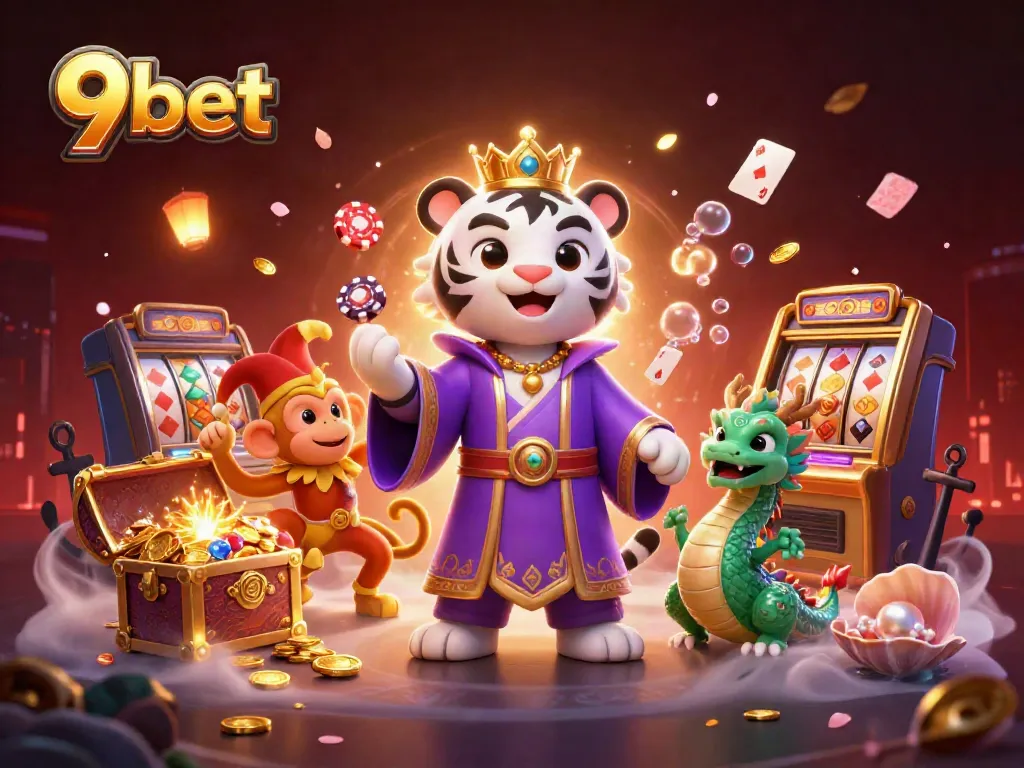 Experience thrilling action with 9bet in a vibrant 3D casino scene featuring playful characters.
