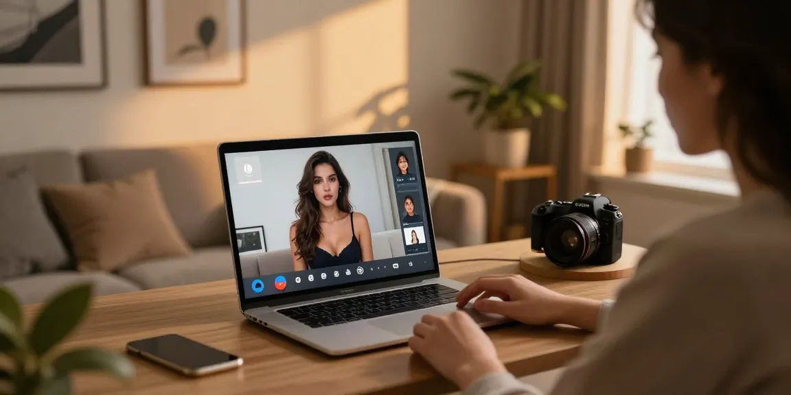 Engaging in an ai porn chat within a cozy home office setting, showcasing user interaction with a realistic AI character.