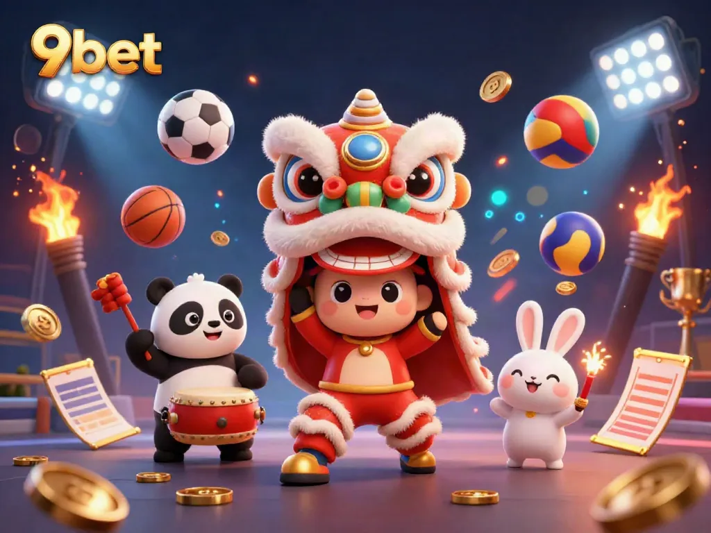 Experience dynamic gaming thrills with 9bet, featuring vibrant characters and sports elements in 3D.