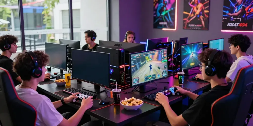 Exciting KILAT404 gaming scene with friends intensely playing multiplayer games in a vibrant lounge.