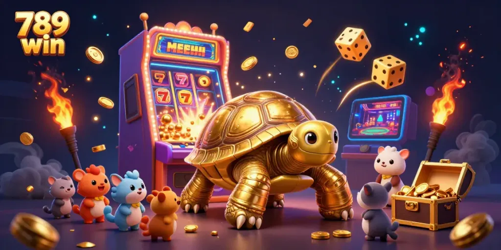 Experience the excitement of 789 win with a golden tortoise pinball machine and dynamic slot symbols.