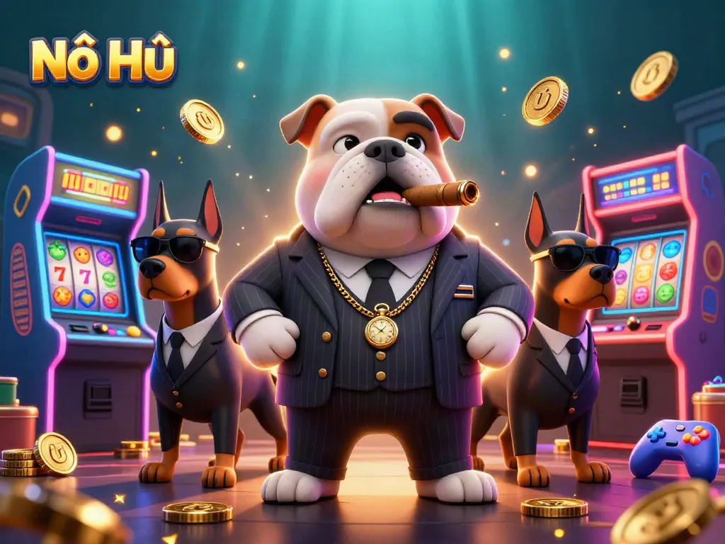 Experience exciting Nổ Hũ gameplay with a colorful illustration featuring a mafia bulldog and jackpot elements.