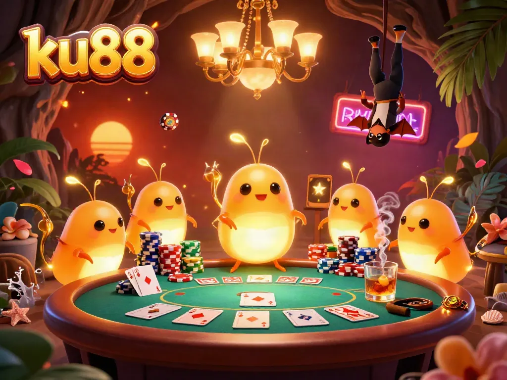 Engage with ku88's dynamic casino scene featuring glowworms, poker elements, and a unique bat dealer.