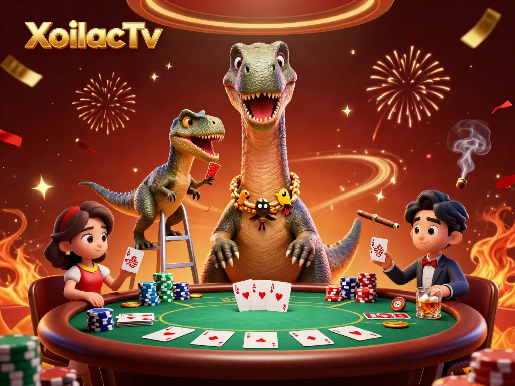 XoilacTv showcases a vibrant casino scene with a playful dinosaur and clever raptor dealing poker cards.