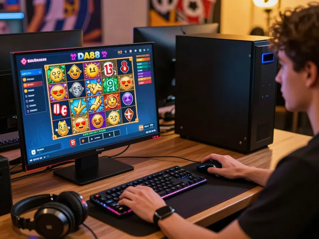 Player enjoying an online slot game at DA88, showcasing vibrant interface and modern gaming setup.