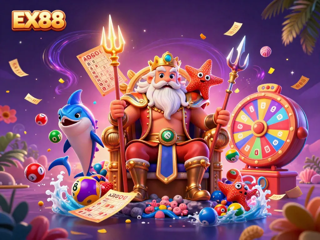 Experience thrilling gameplay with EX88 in a vibrant casino scene featuring Neptune and lucky symbols.