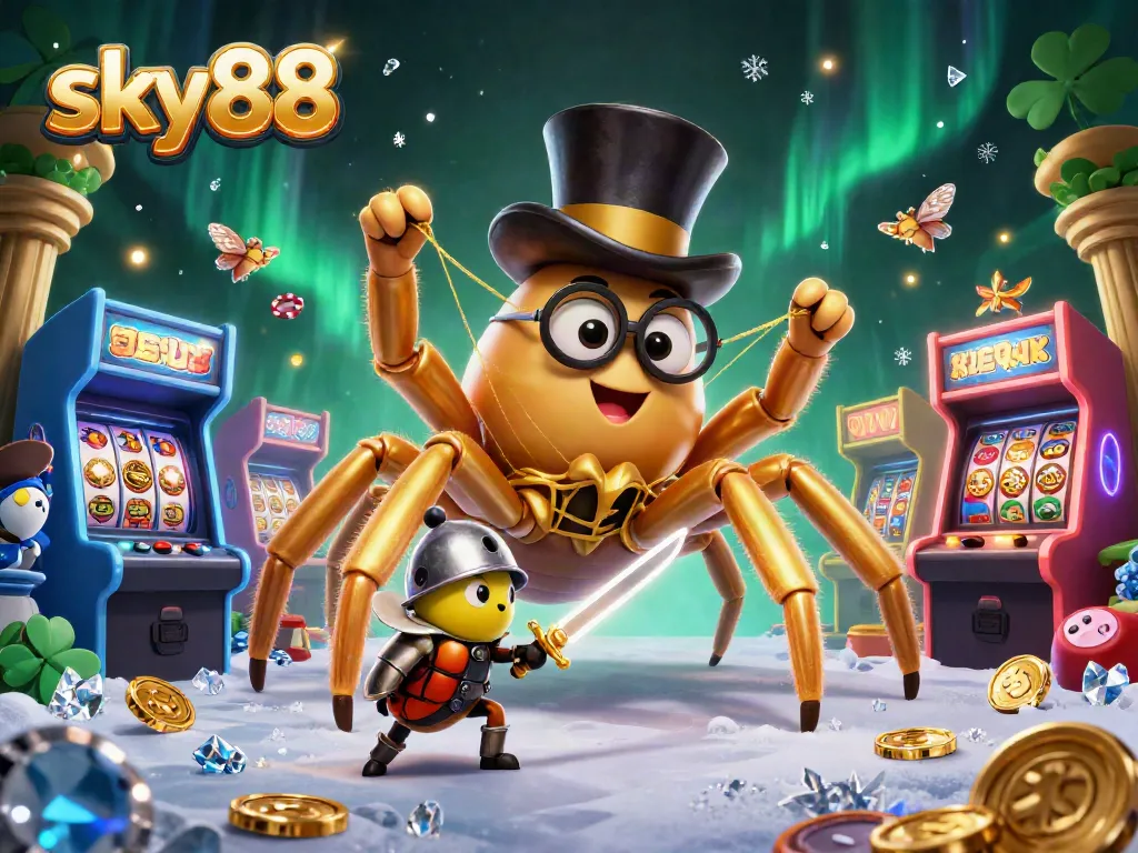 Experience sky88 thrills with a golden spider weaving winning webs in a vibrant casino scene.
