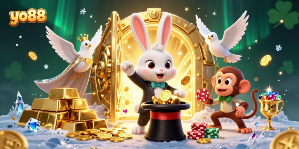 Experience yo88's magical casino world with a 3D rabbit pulling coins, vibrant gems, and lively casino elements.