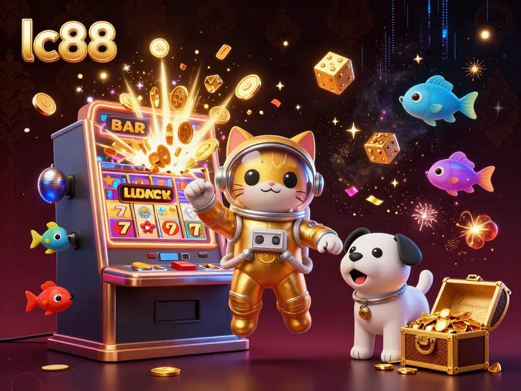 Experience the vibrant world of lc88 with a joyful space cat, robot dog, and lucky symbols in a dynamic casino scene.